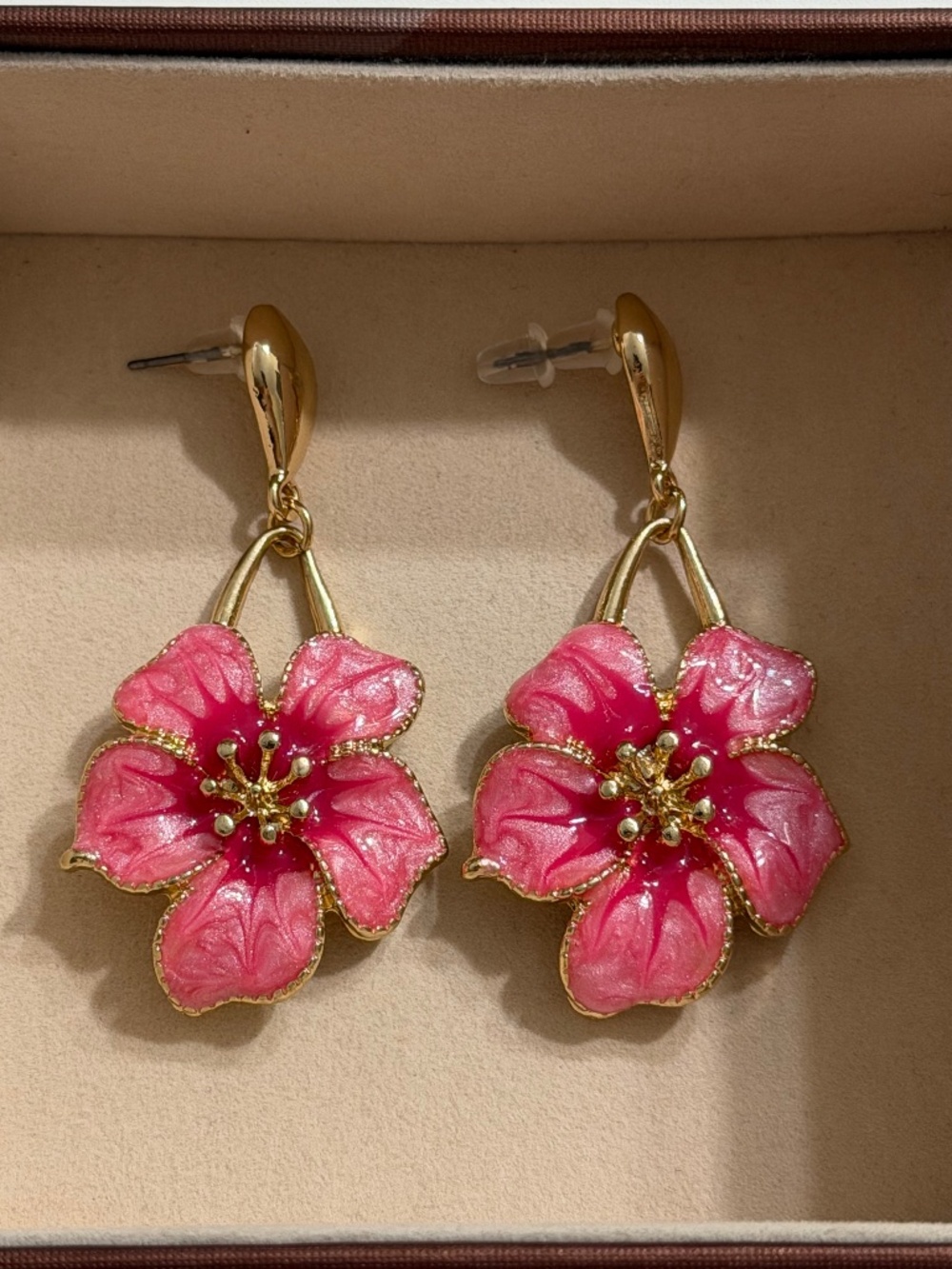 Elegant Golden Pink Oil Dripping Flower Enamel Statement Dangle Earrings